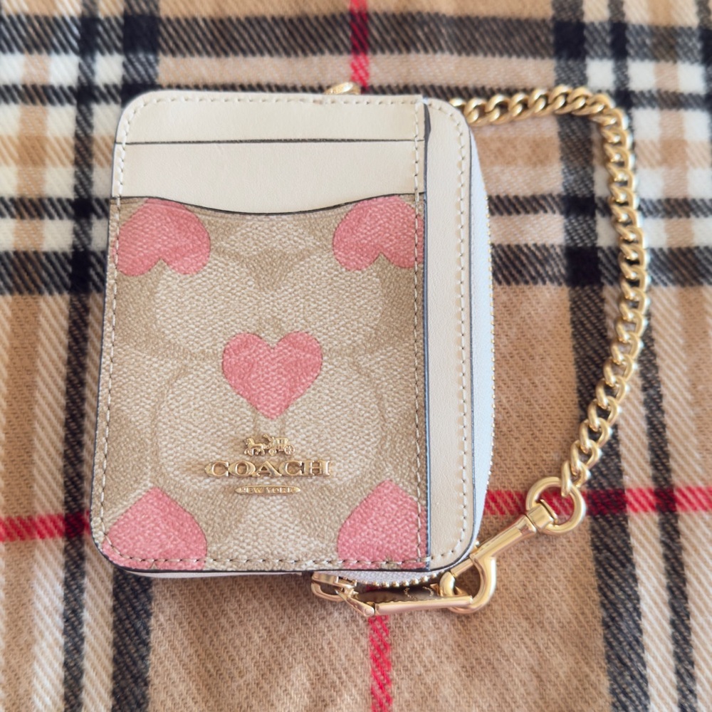 Coach Pink Heart Card Holder with Gold Chain